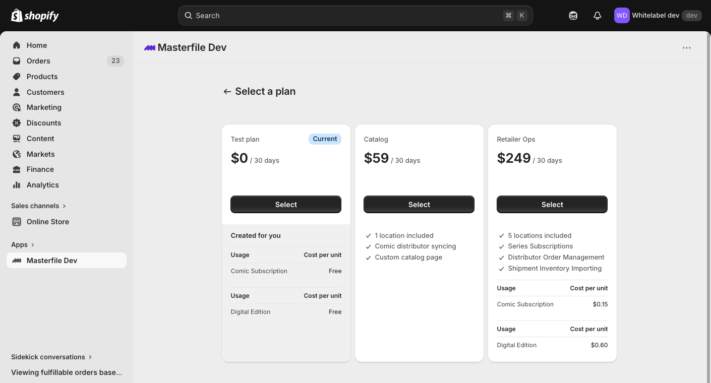 The Shopify-hosted Masterfile pricing page