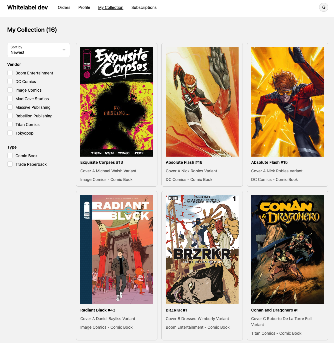 The My Collection page with a filter sidebar and grid of owned issues