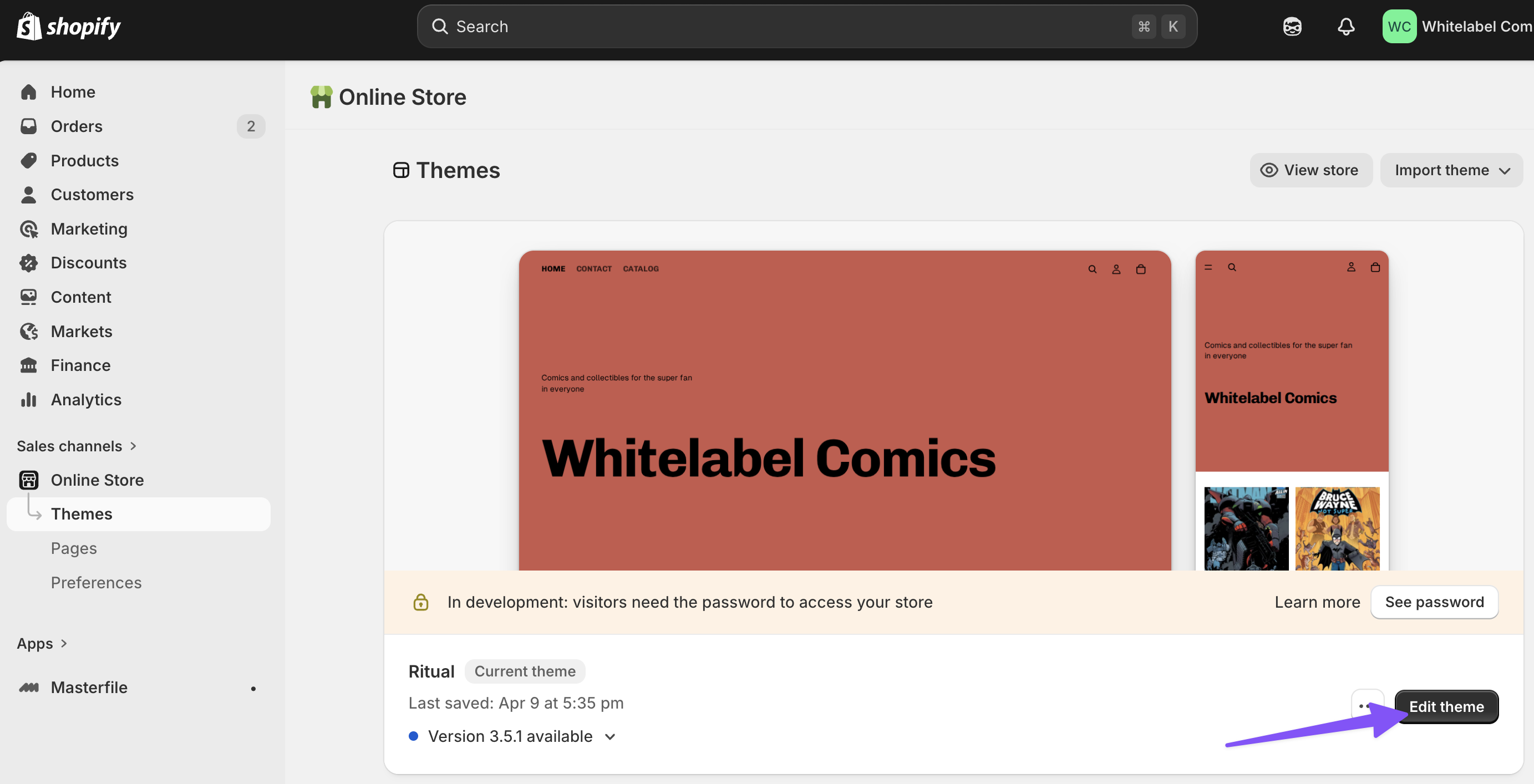 Shopify Themes page with the Edit theme button highlighted on the live theme