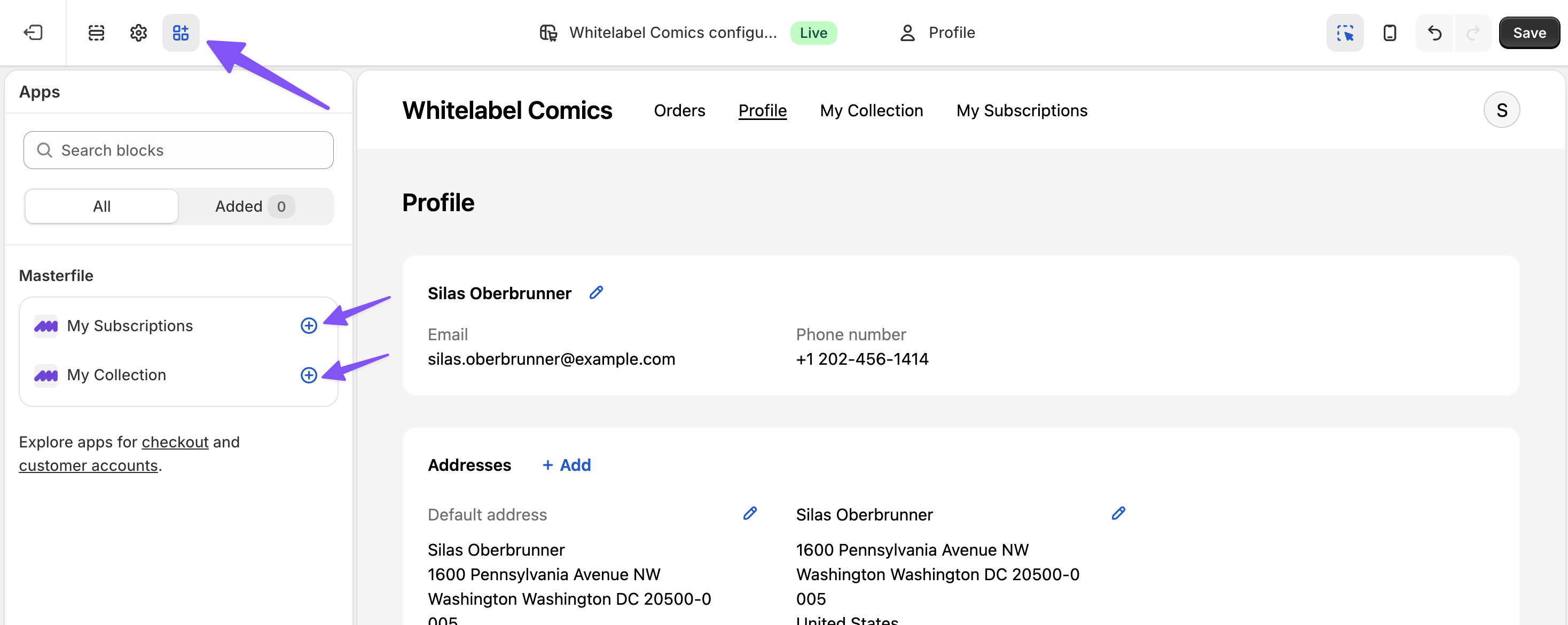 Shopify customer account editor with the Masterfile apps panel open and + buttons next to the available customer-account blocks