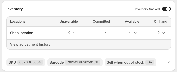 A Shopify variant inventory page showing committed units and a negative available count