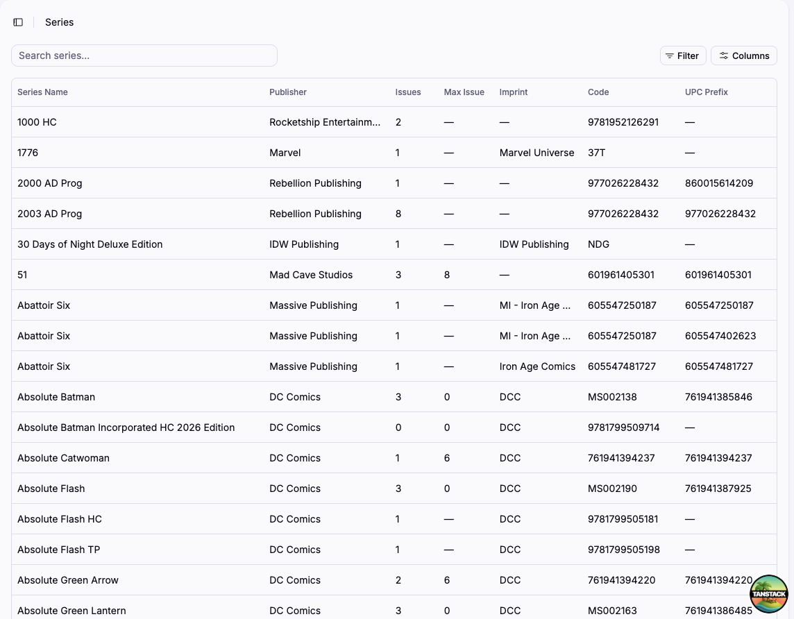 The Series list page with columns for name, publisher, issue count, max issue, imprint, code, and UPC prefix
