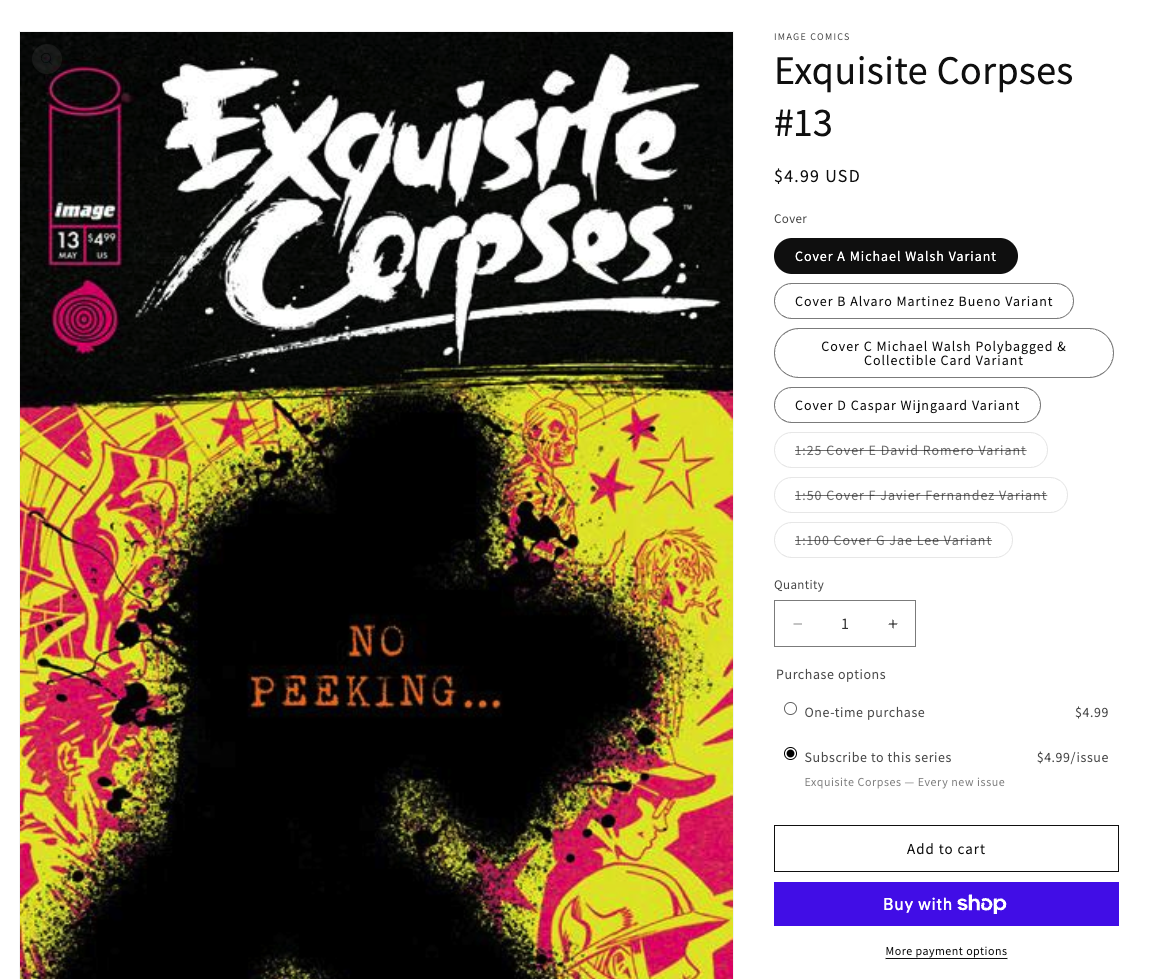 A comic product page showing One-time purchase and Subscribe to this series options