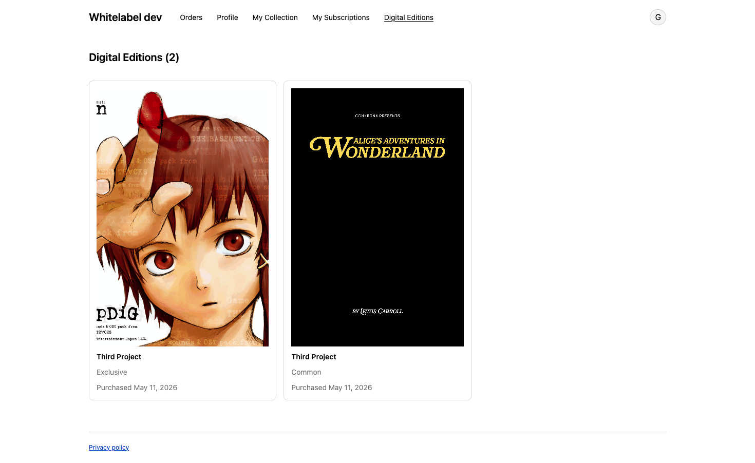 The customer-account Digital Editions page showing a grid of edition cards with cover, project title, edition title, and purchase date