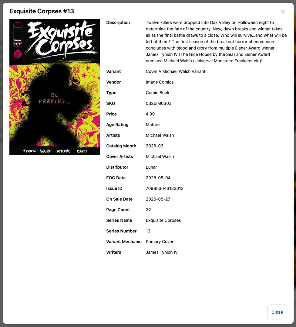 The detail modal for a collection item showing full comic metadata
