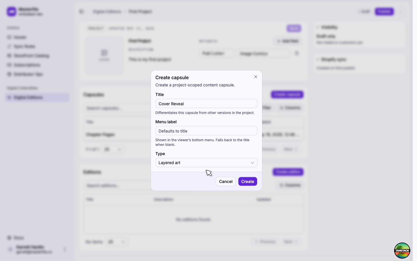 The Create capsule dialog with Layered art selected in the Type picker