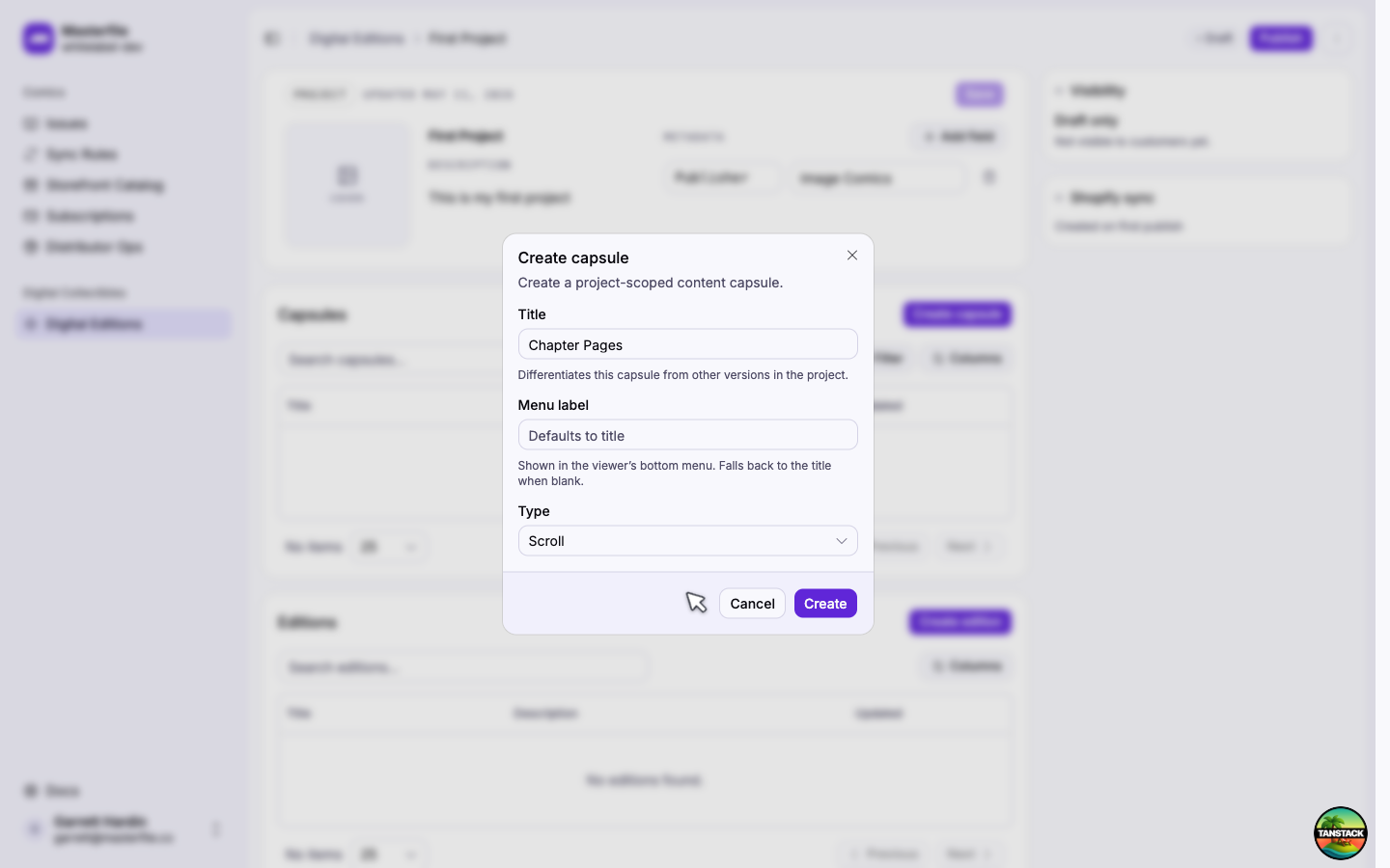 The Create capsule dialog with Scroll selected in the Type picker