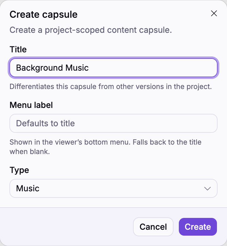 The Create capsule dialog with Music selected in the Type picker