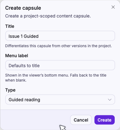 The Create capsule dialog with Guided reading selected in the Type picker