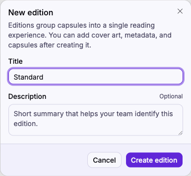 The New edition dialog with a Title and optional Description
