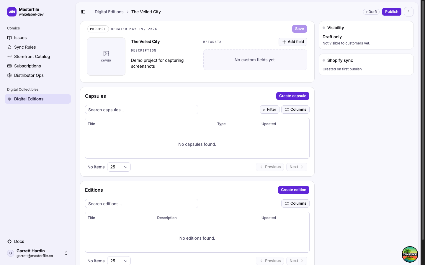 A draft project with the sidebar showing Visibility: Draft only and Shopify sync: Created on first publish