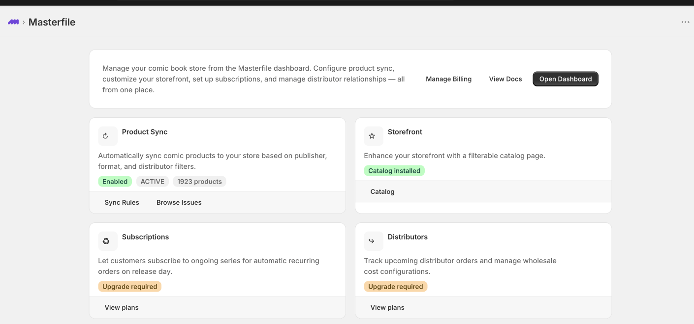 The Masterfile home page in Shopify admin with Product Sync, Storefront, Subscriptions, and Distributors cards and an Open Dashboard button