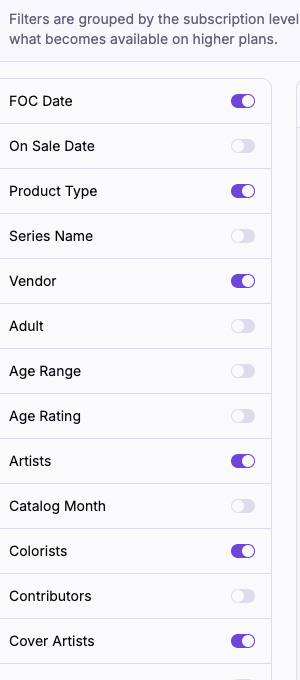 The filter toggle list with FOC Date, Product Type, Vendor, Artists, Colorists, and Cover Artists enabled
