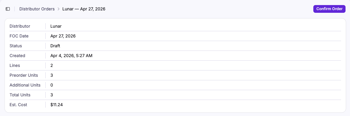 Distributor order detail header with summary card showing distributor, FOC date, status, and totals