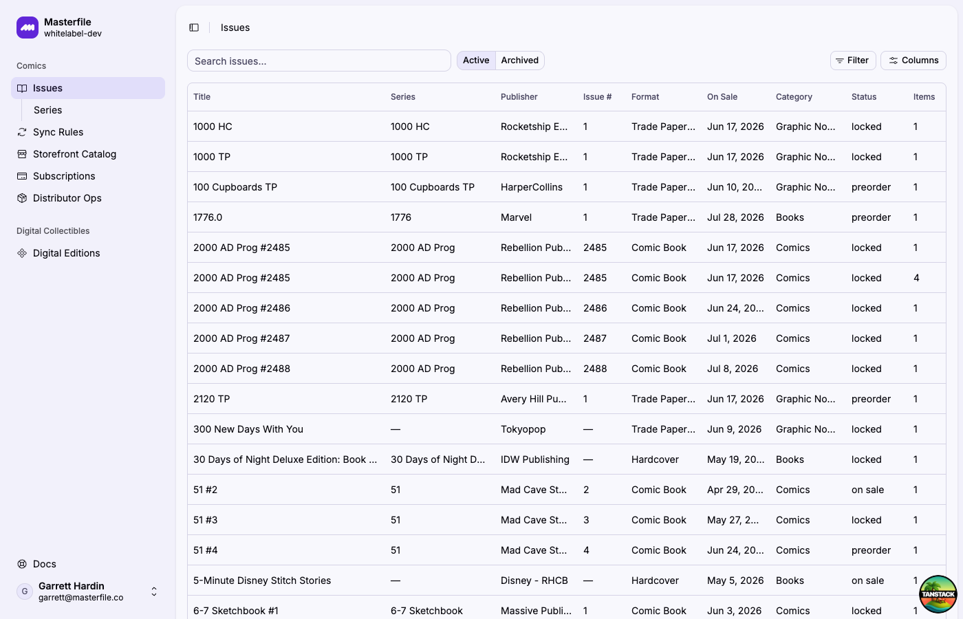 The Issues page listing every comic in the Masterfile catalog with status, format, and on-sale date