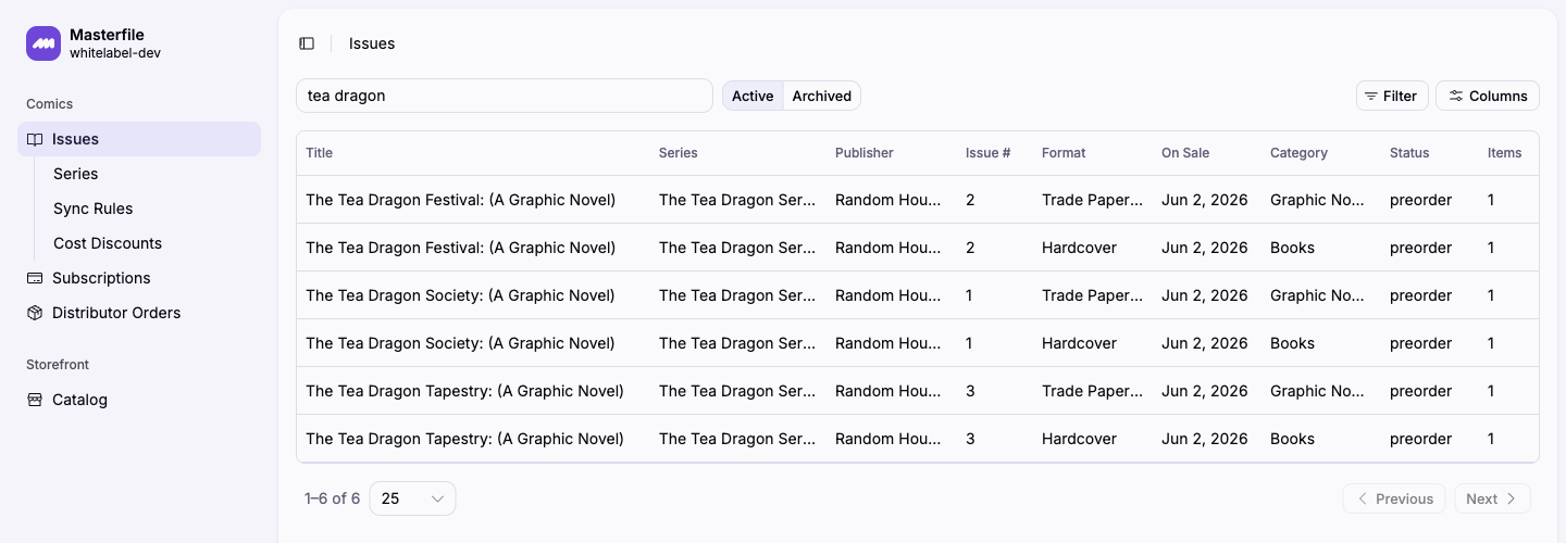 The Issues page with a title search filtering the catalog