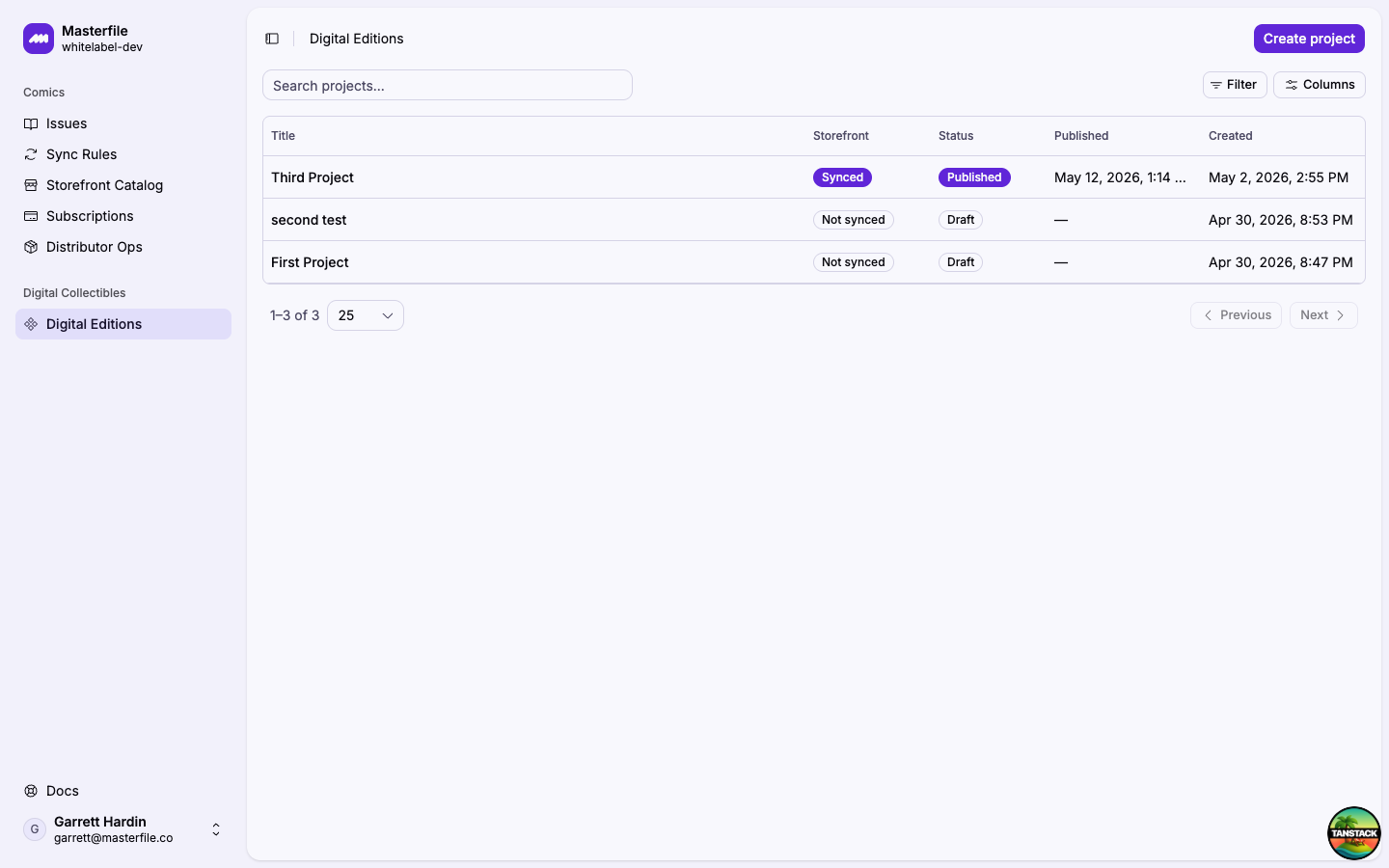 The Digital Editions list showing existing projects with Storefront, Status, Published, and Created columns