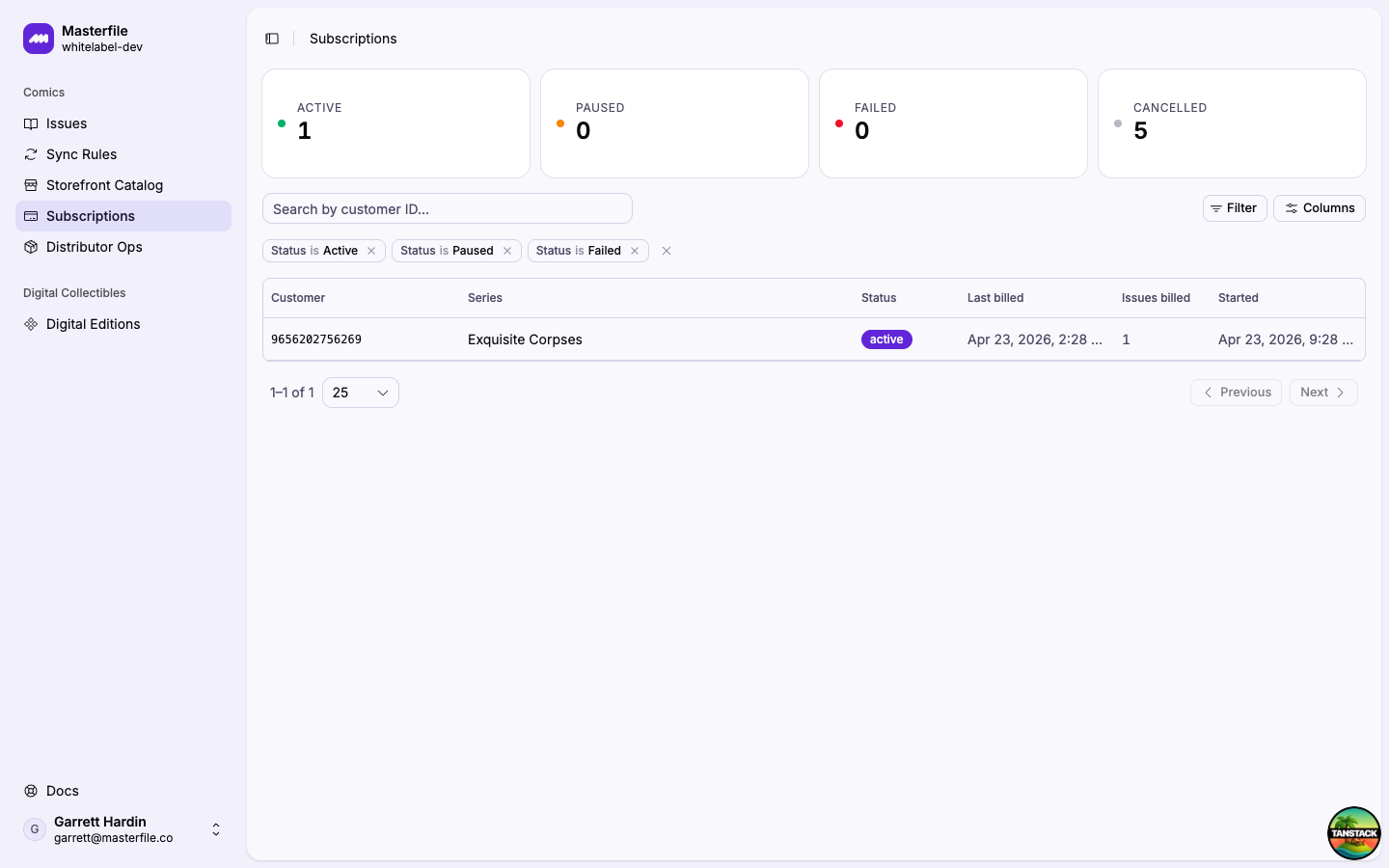 The Subscriptions list page with summary cards and table of subscriptions