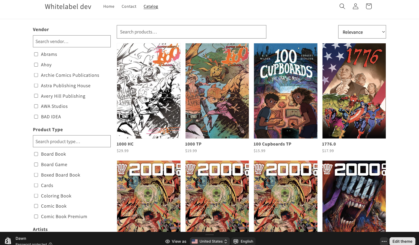 The storefront catalog page with filter sidebar, search box, sort dropdown, and product grid