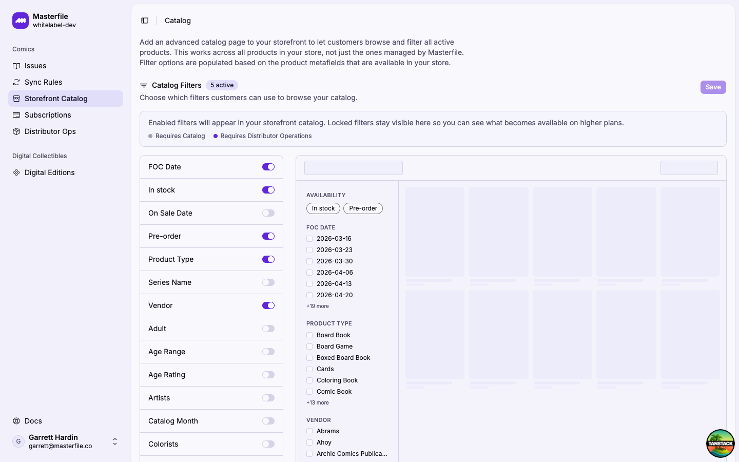 The Catalog settings page with the menu prompt at the top and the filter list below