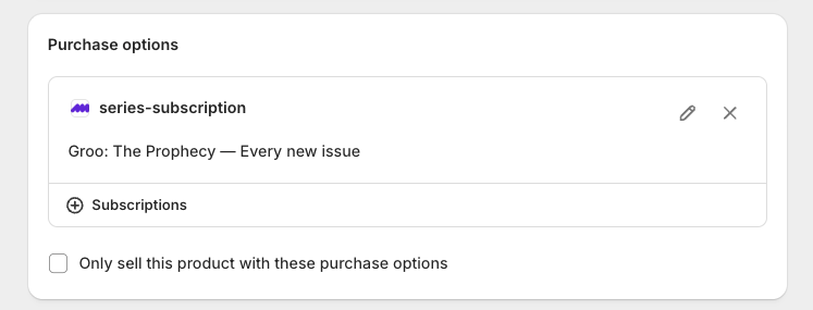 The Purchase options card on a Shopify product showing a series-subscription selling plan