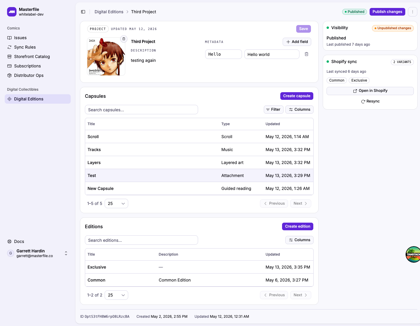 The Shopify sync card showing Last synced 6 days ago, two variant badges, an Open in Shopify link, and a Resync button