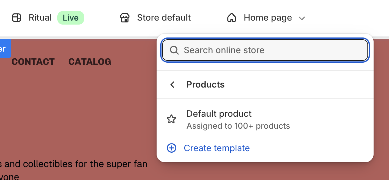 Theme editor template selector with Products → Default product highlighted