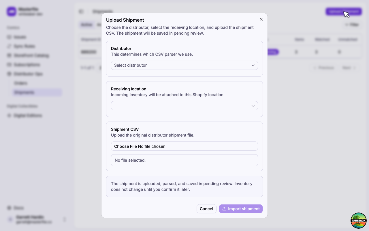 The Upload Shipment dialog with distributor, location, and file picker