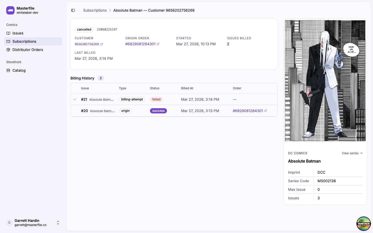 A subscription detail page with header card and billing history