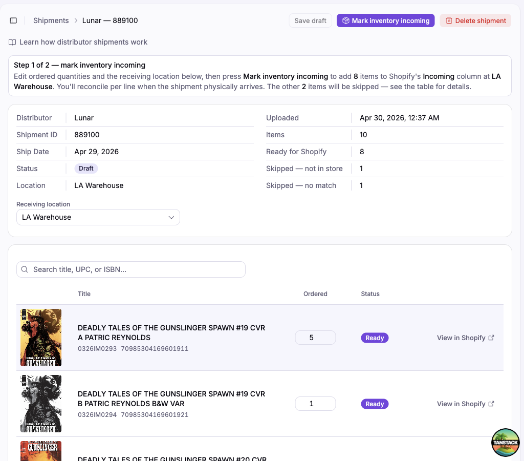A shipment detail page in Draft