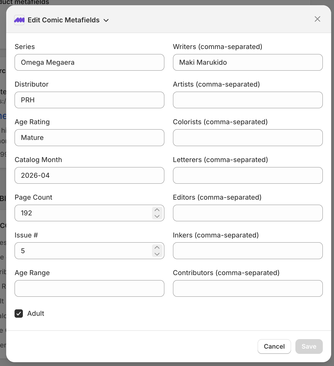 The Edit Comic Metafields modal with two columns of inputs for COMET fields