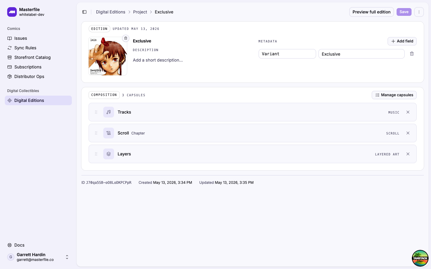 An edition page showing cover, description, metadata fields, and a Composition section listing three capsules