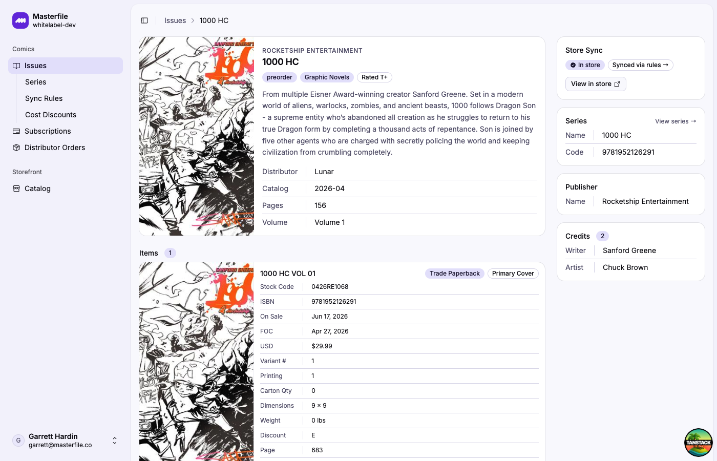 An issue detail page with catalog metadata, items, and a Store Sync panel linking to the corresponding Shopify product