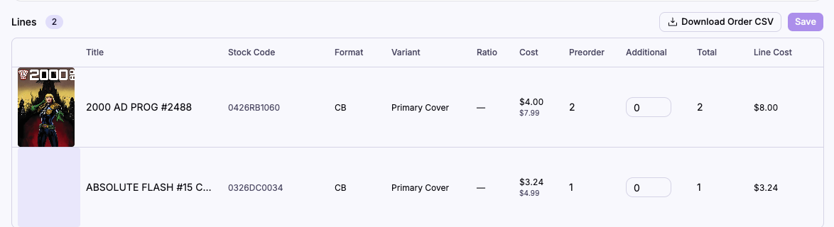 Lines table with editable Additional column and Download Order CSV button
