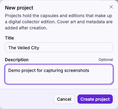 The New project dialog with a Title field and an optional Description field