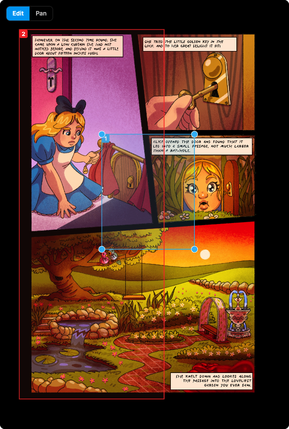 A page in the editor with numbered frames drawn over its panels and the Edit/Pan toggle in the corner