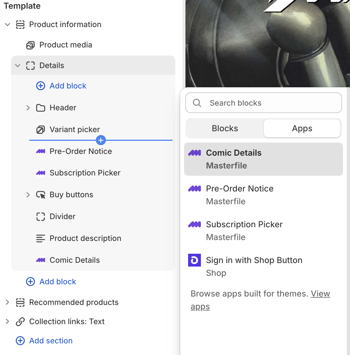 Theme editor with the Apps panel listing Comic Details, Pre-Order Notice, and Subscription Picker under Masterfile