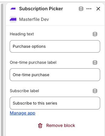 The Subscription Picker block settings panel with Heading text, One-time purchase label, and Subscribe label fields