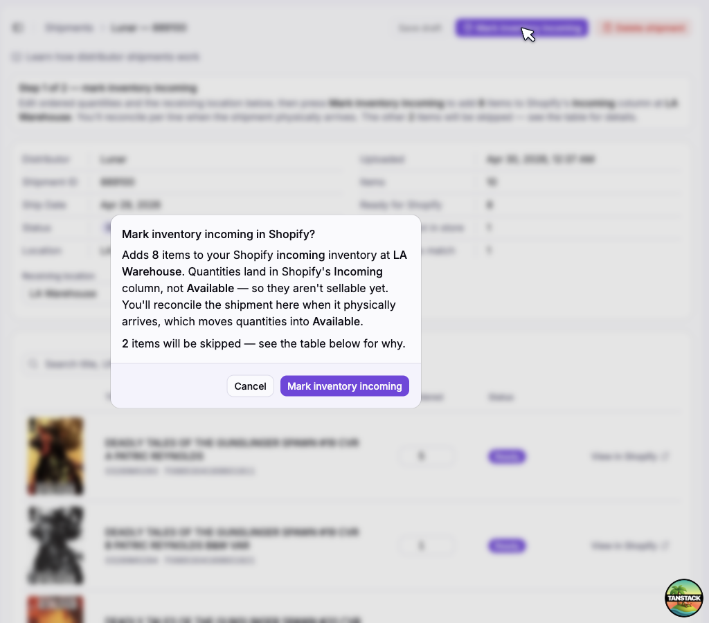 The Mark inventory incoming confirmation dialog