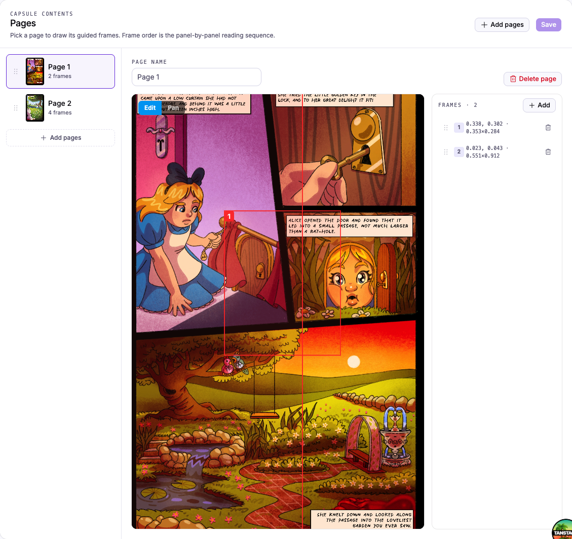 The full guided reading editor: page rail on the left, frame canvas in the center, and the Frames inspector on the right