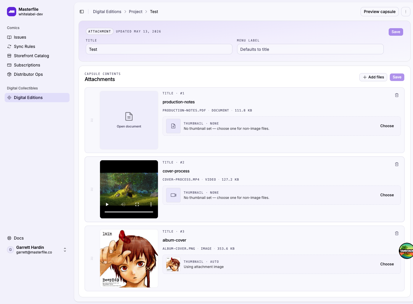 An attachment capsule with three rows: a PDF, an MP4, and a PNG, each showing a preview tile, title, and thumbnail editor