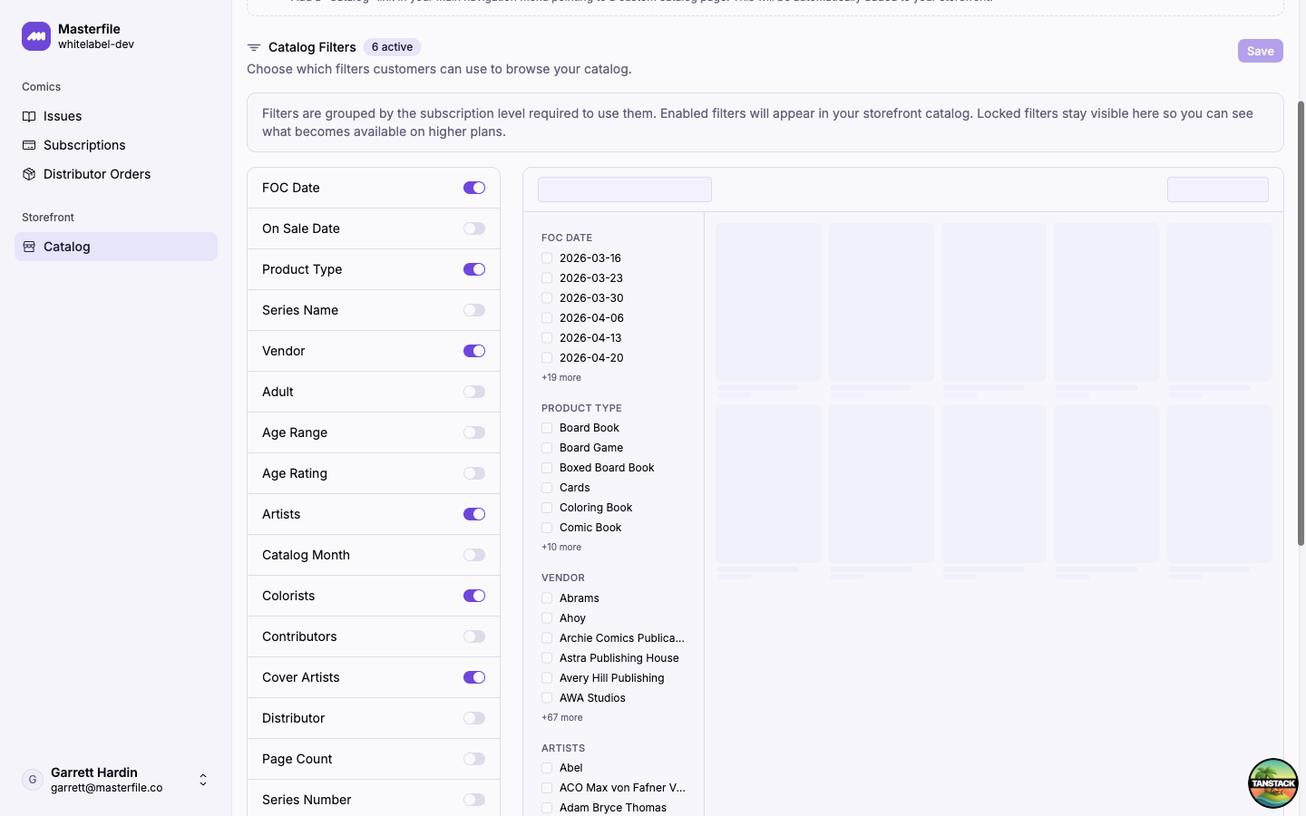 The filter toggle list on the left and the live catalog preview on the right