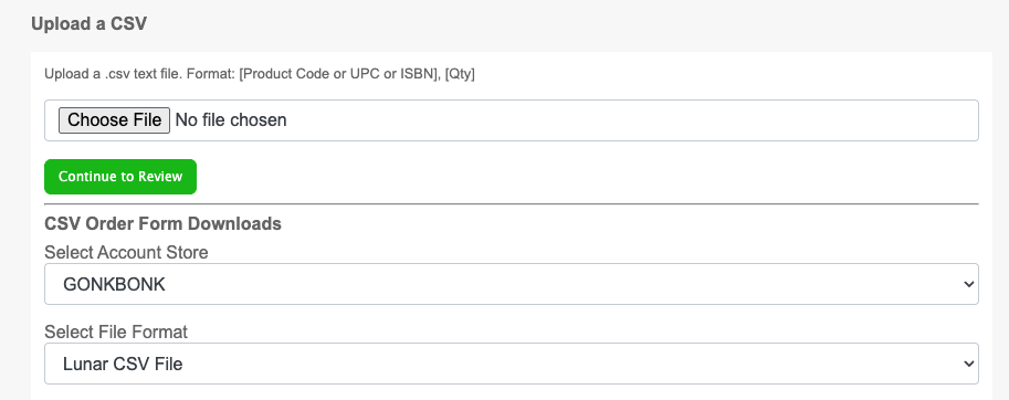 Lunar's Upload a CSV page with Select File Format set to Lunar CSV File