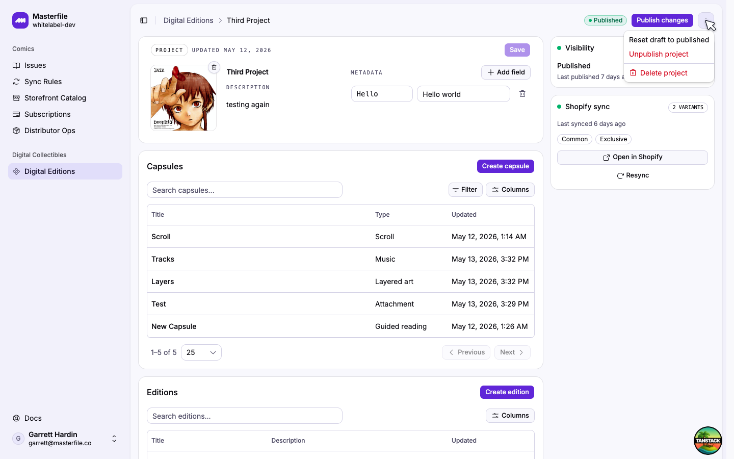 The project actions menu with Reset draft to published, Unpublish project, and Delete project options
