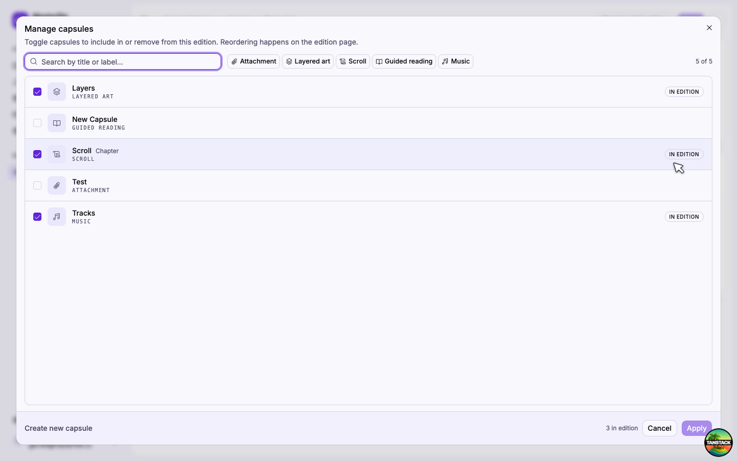 The Manage capsules dialog with type filters, a search field, and capsule rows that have IN EDITION badges when included