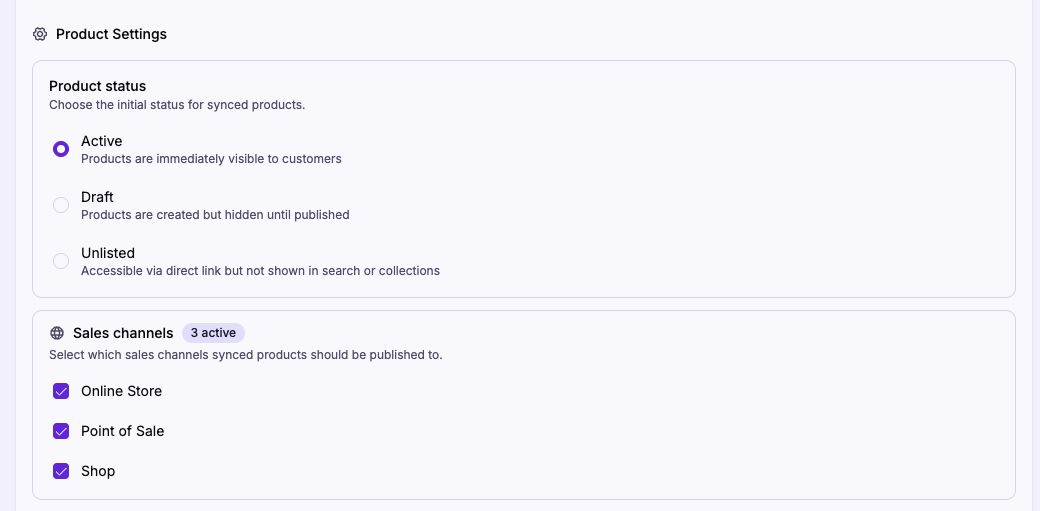Product Settings section