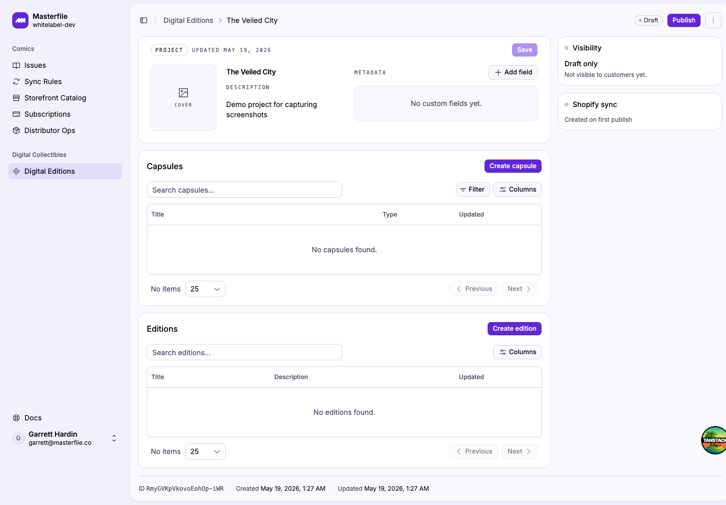 A newly-created project page with empty Cover, Description, Metadata, Capsules, and Editions sections, plus Draft and Shopify sync status in the sidebar