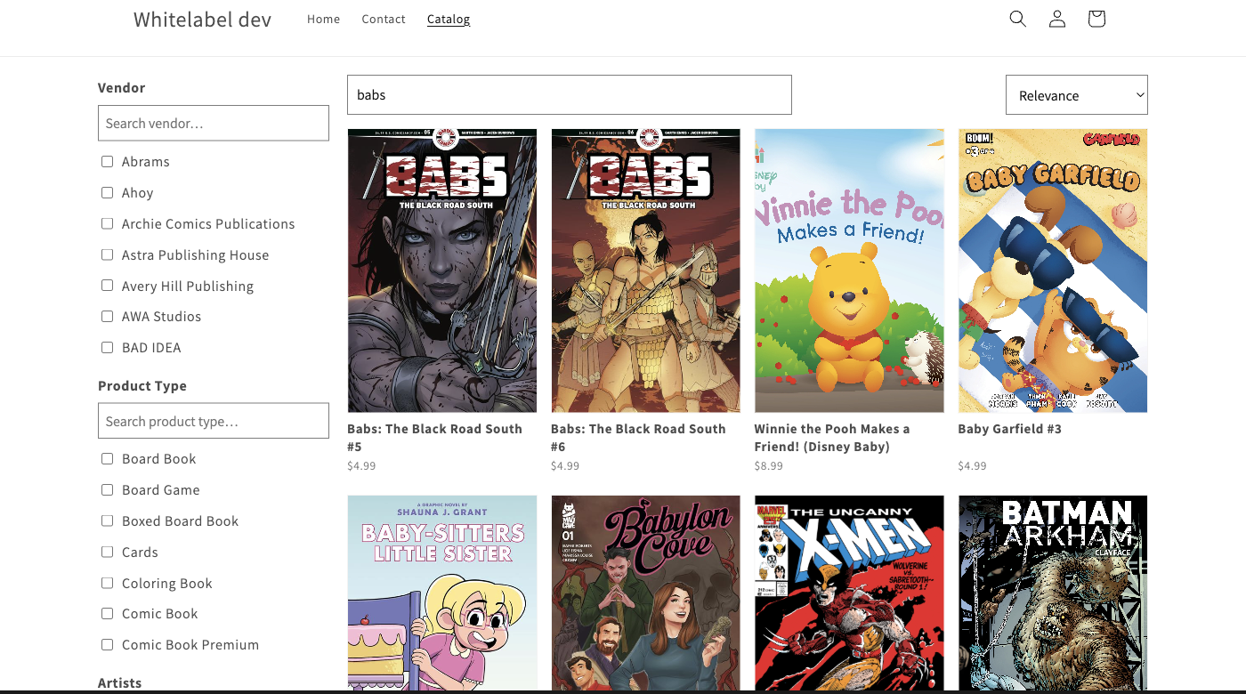 A catalog search for 'babs' with Babs titles ranked first