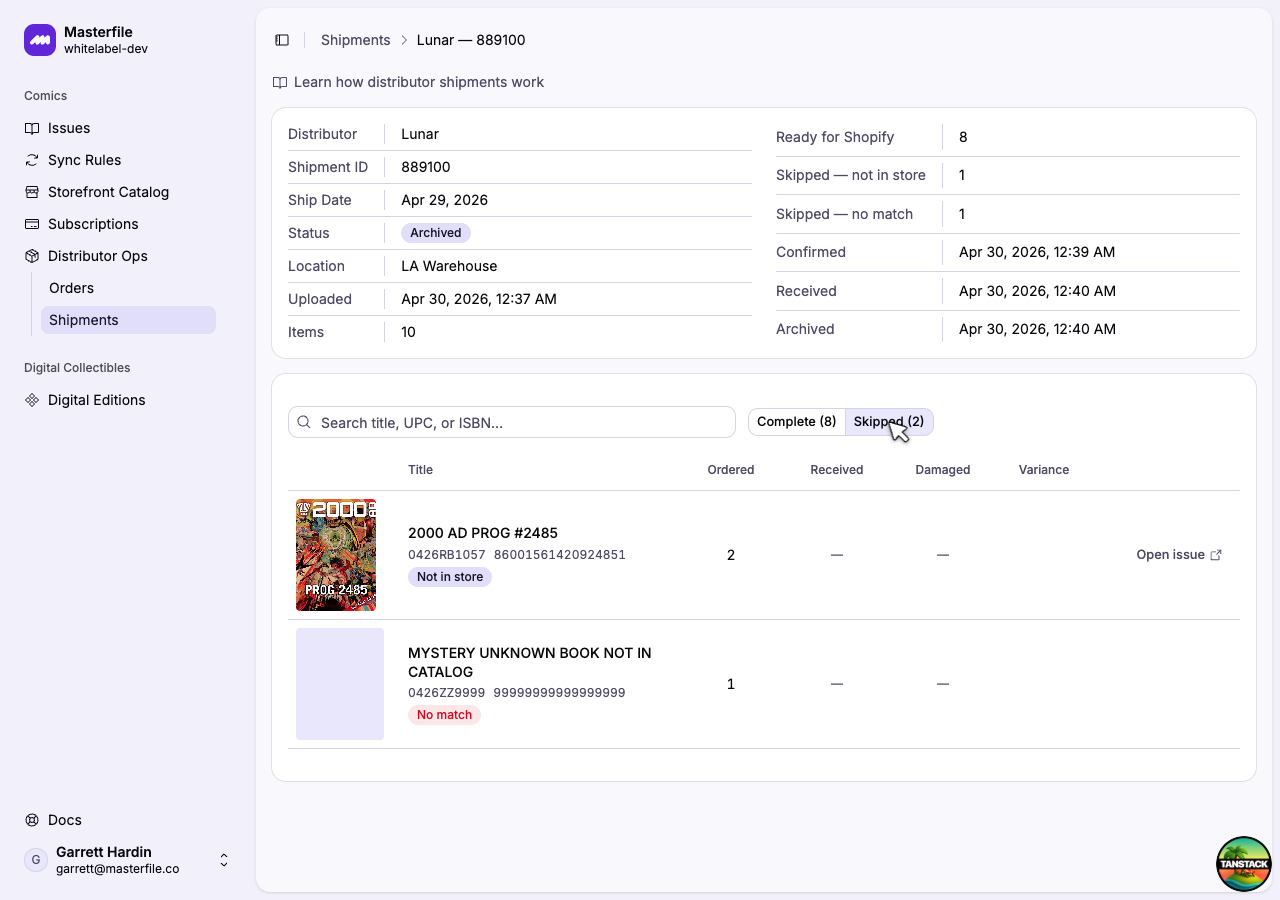 The Skipped tab on a shipment, showing Not in store and No match lines