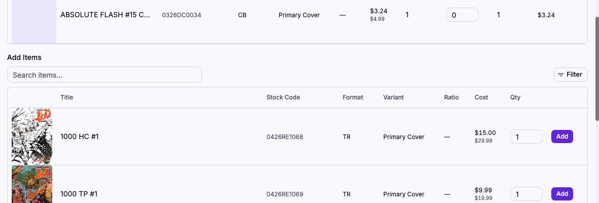 The Add Items browser scoped to the current distributor and FOC